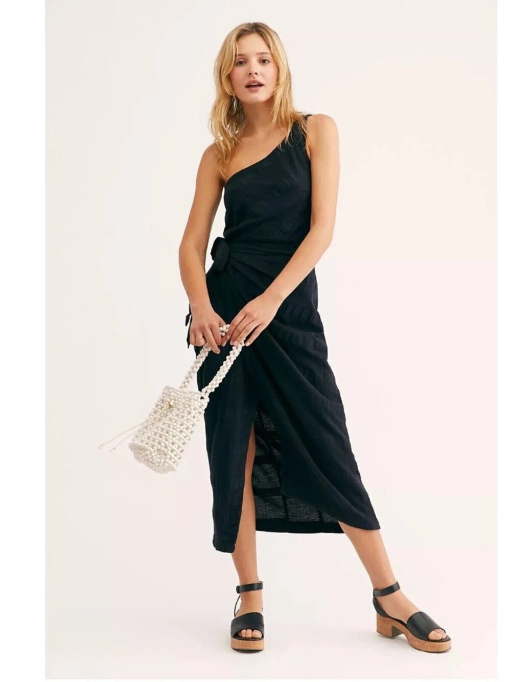 Free People Free-est At Leisure Midi Dress Wrap Smocked One-Shoulder L 283911
